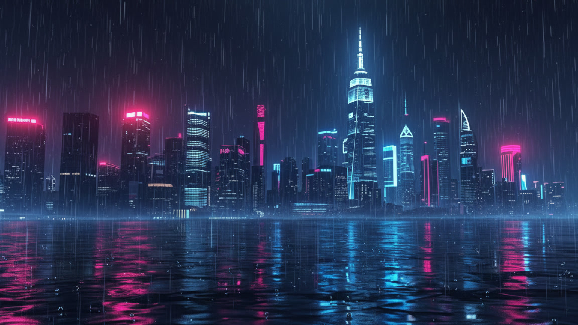 Dark city skyline with rain